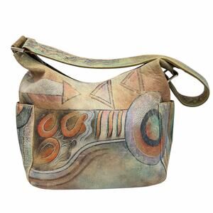 VTG HANDPAINTED ANUSHCKA HOBO BAG PURSE 90s Y2K LEATHER BOHO ABSTRACT ART 2 WEAR
